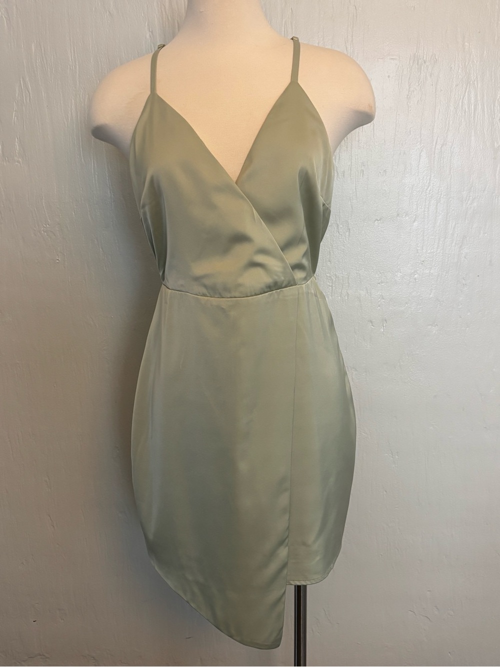 Lulu's Sage Green Satin Mini Dress with Asymmetrical Hem